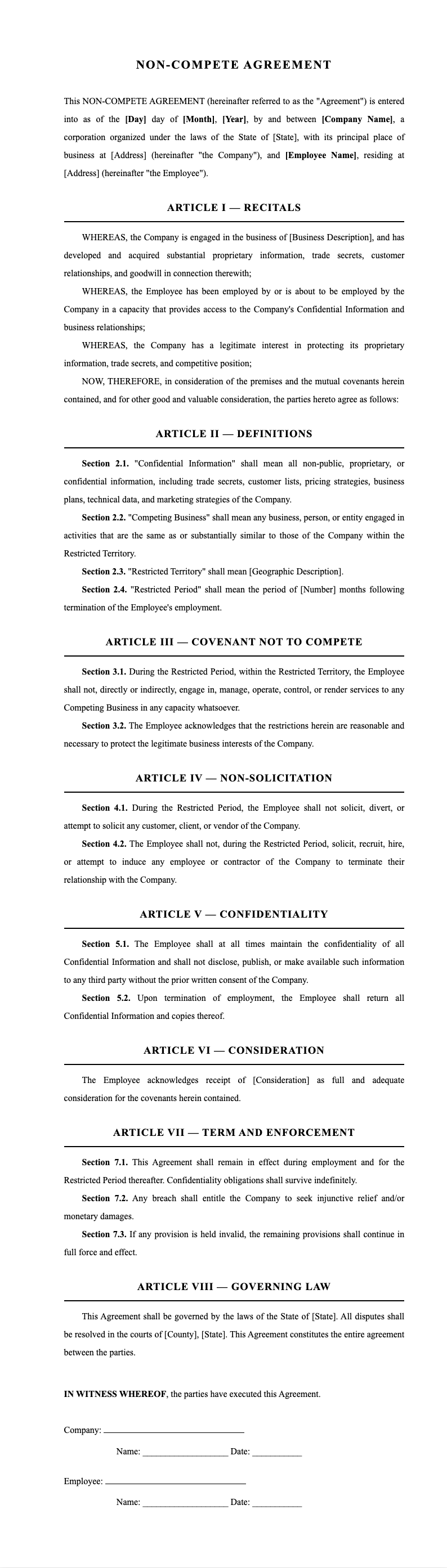 Academic Formal Non Compete Agreement